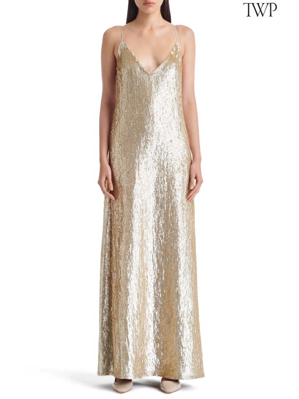 TWP NWT JOSEPHINE SEQUIN SLEEVELESS LIGHT GOLD SILK GOWN DRESSS. SIZE 4(S)